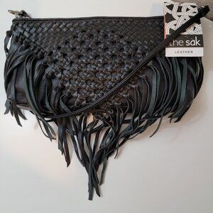 NWT The Sak Black Woven Leather Fringe Crossbody Bag Silver Hardware